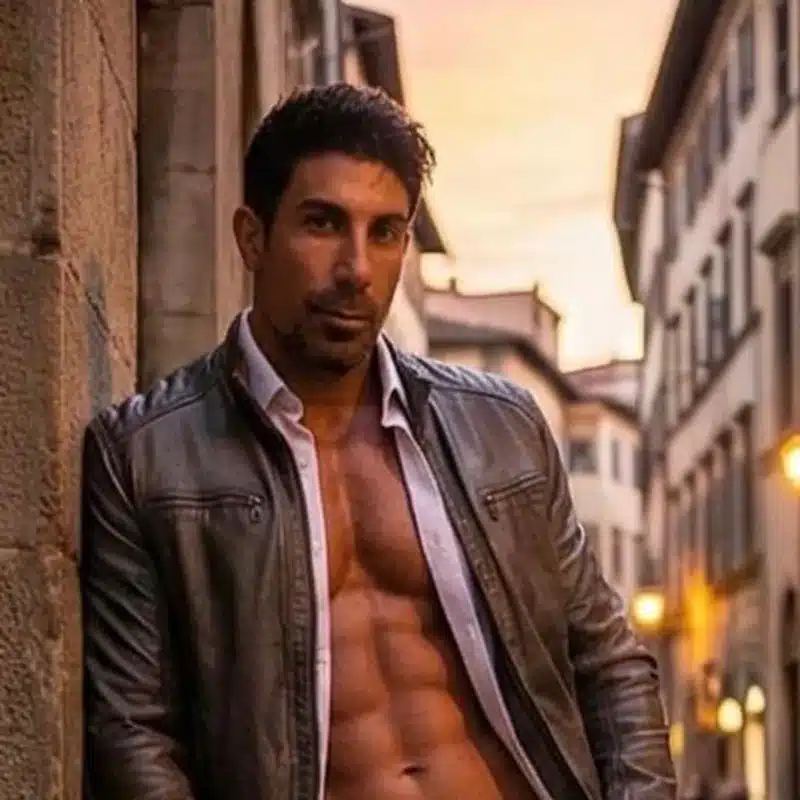 Man leaning against a stone wall with an open shirt and leather jacket, showing his toned abs in a warm urban street at sunset/dusk.