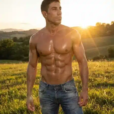 Muscular man standing shirtless in a sunlit field at sunset, wearing jeans.