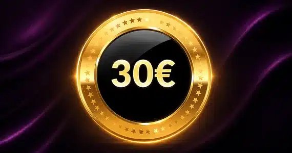Gold circular voucher displaying 30€ VIP Strip Club Entry in black center with a glowing star border against a purple background.