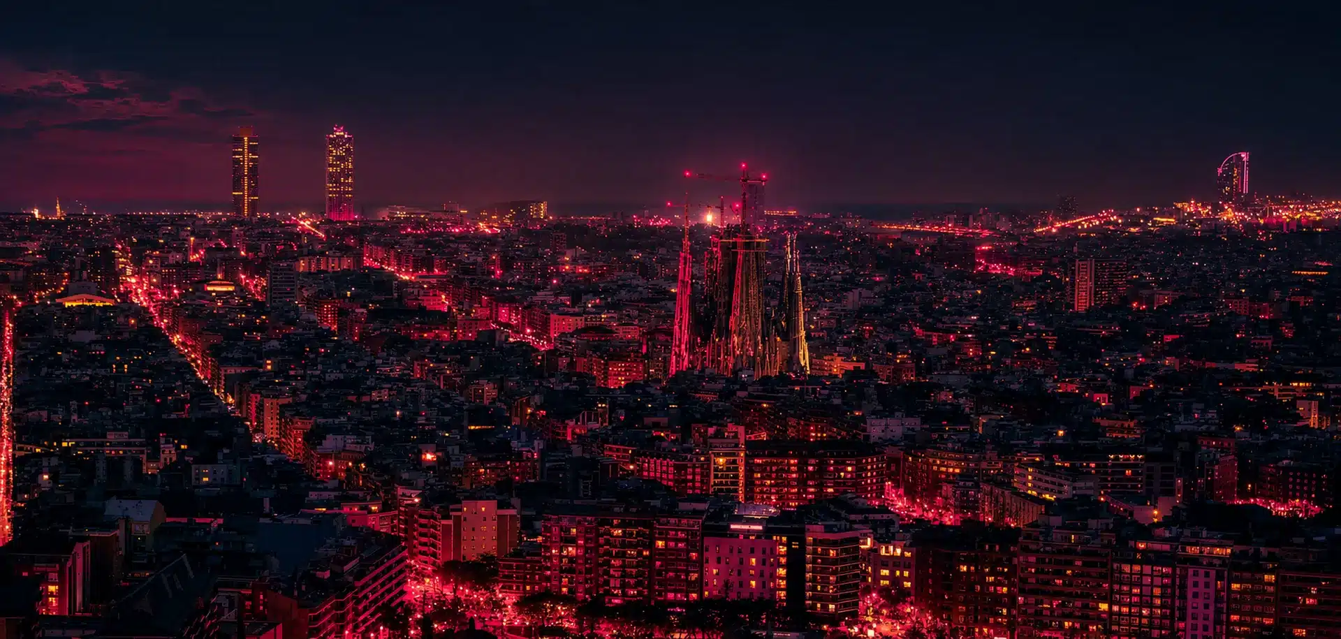 Horizonte nocturno de Barcelona con luces de neón rojas para la guía del Barrio Rojo de Barcelona