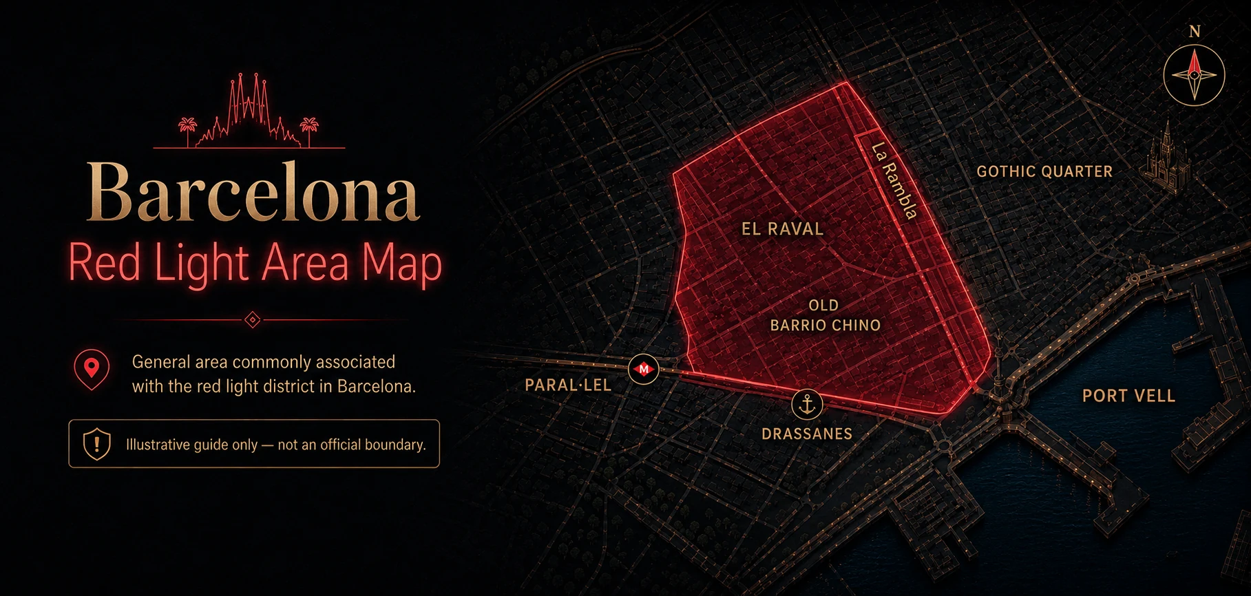 Mapa que muestra la zona general asociada al barrio rojo de Barcelona alrededor de La Rambla, El Raval y el Barrio Chino.