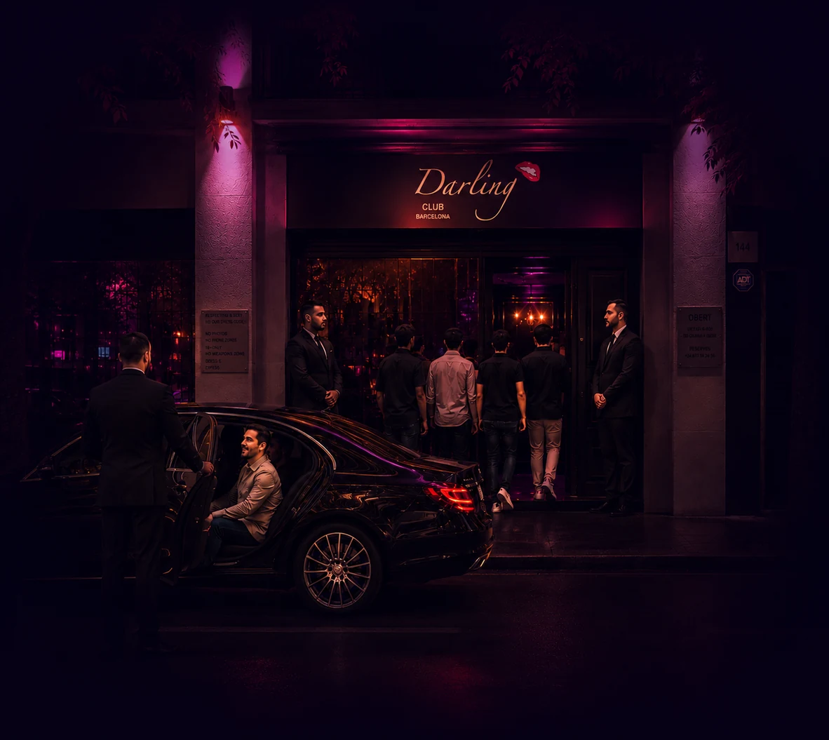 Darling Strip Club Barcelona entrance with guests arriving under dark purple nightlife lighting